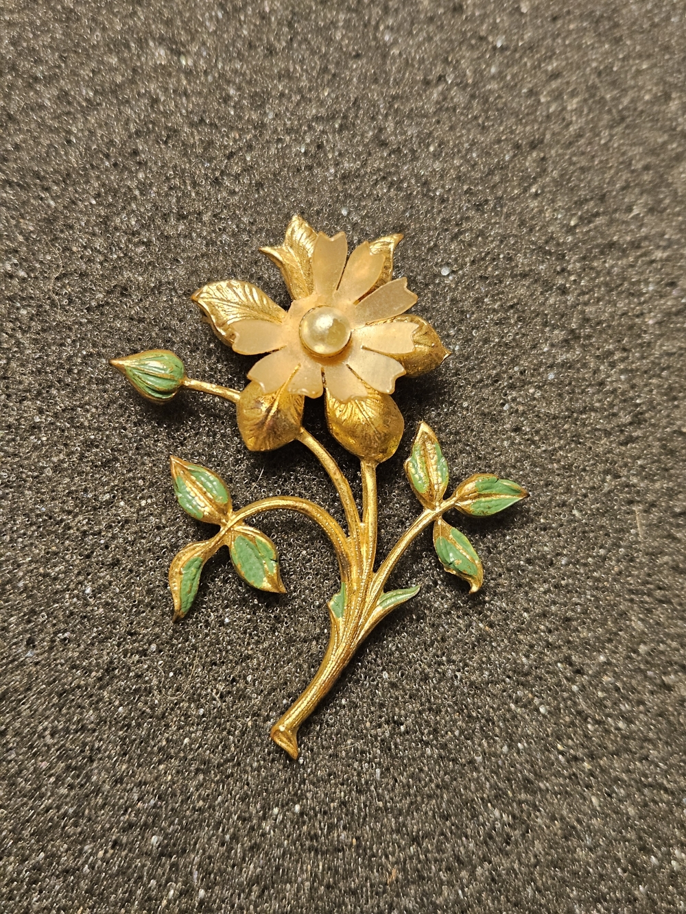 Vintage Gold-Tone Floral Brooch with Green Enamel Leaves And Pearl Center.